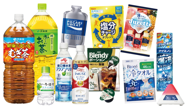 むぎ茶、緑茶、冷却用品などの画像