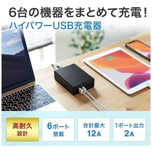 USB充電器6ポート合計12A ACA-IP67BK_画像02