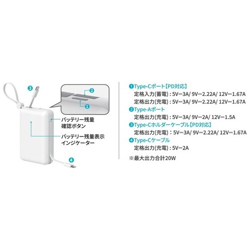 一体型PD20Wモバイルバッテリー20000mAh 白_画像04