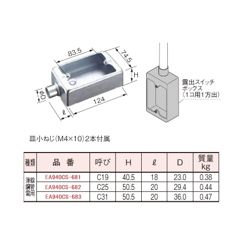 C31[1個用]露出スイッチBOX(1方出/薄鋼用)_画像02