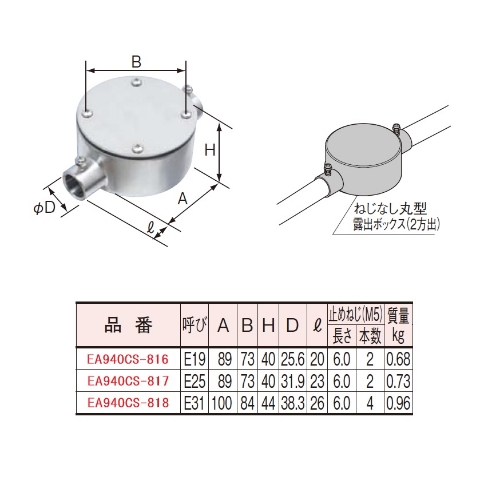 E19[SUS製]ねじ無し丸形露出ボックス(2方出_画像03