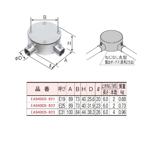 E19[SUS製]ねじ無し丸形露出ボックス(2方出_画像03