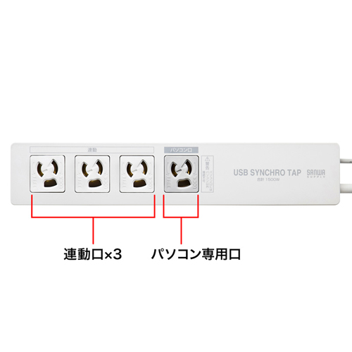 125V/15Ax5mパソコン連動タップ4口/USB感知_画像02