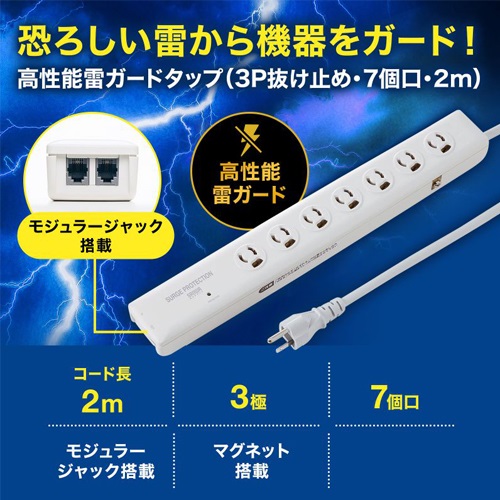 125V/15Ax2mタップ(7口/電話回線雷ガード付_画像02