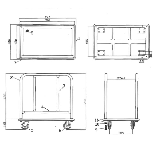 740x480x770/150kg運搬車(手摺付/赤タイヤ)_画像04
